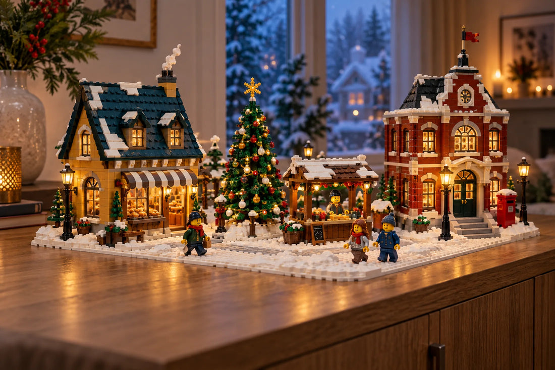 Sfeerillustratie van een winters dorp van bouwstenen met een bakkerij, postkantoor en verlichte kerstboom