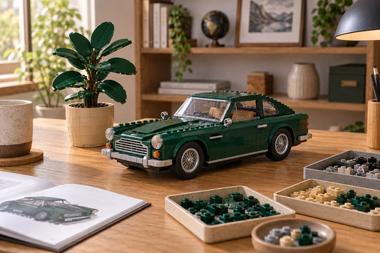 Sfeerillustratie van een groene bouwstenenauto en een bouwbare plant op een hobbytafel