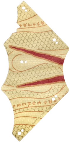 Part 113948 - Cloth Sail 8 1/2 x 18 with Dark Red and Dark Orange Stripes, Repeating Ninjago Logogram 'TEMPLE BOUNTY' and Dark Tan Scales Pattern Model Right Side - De BrickPlaats