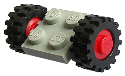 Part 122c01assy2 - Plate, Modified 2 x 2 with Red Wheels with Black Tires 15mm D. x 6mm Offset Tread Small (122c01 / 3641) - De BrickPlaats