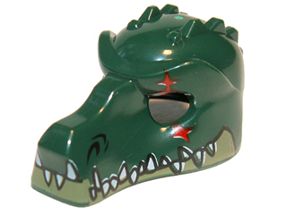 Part 12551pb04 - Minifigure, Headgear Mask Crocodile with Olive Green Lower Jaw, White Teeth and Red Scar Pattern - De BrickPlaats