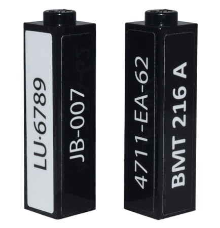 Part 14716pb004 - Brick 1 x 1 x 3 with 'LU·6789' 'JB-007' '4711-EA-62' 'BMT 216 A' Pattern on All Sides (Stickers) - Set 10262 - De BrickPlaats