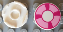 Part 14769pb002 - Tile, Round 2 x 2 with Bottom Stud Holder with Magenta and Bright Pink Life Preserver, Curved Bands Pattern - De BrickPlaats
