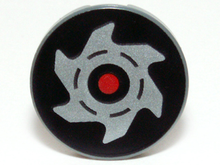 Part 14769pb040 - Tile, Round 2 x 2 with Bottom Stud Holder with Red Circle and Silver Saw Blade on Black Background Pattern - De BrickPlaats
