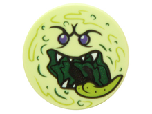Part 14769pb051 - Tile, Round 2 x 2 with Bottom Stud Holder with Ghost Face with Dark Purple Eyes, Dark Green Open Mouth, White Sharp Teeth, and Lime Tongue Pattern - De BrickPlaats
