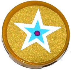Part 14769pb083 - Tile, Round 2 x 2 with Bottom Stud Holder with White and Medium Blue Star with Magenta Center on Gold Background Pattern (Sticker) - Set 41104 - De BrickPlaats