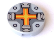Part 14769pb087 - Tile, Round 2 x 2 with Bottom Stud Holder with Orange and Yellow Cross Pattern - De BrickPlaats