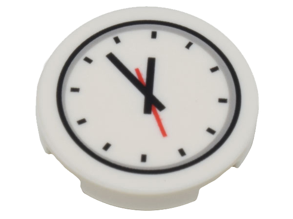 Part 14769pb356 - Tile, Round 2 x 2 with Bottom Stud Holder with Clock and Red and Black Hands Pattern - De BrickPlaats
