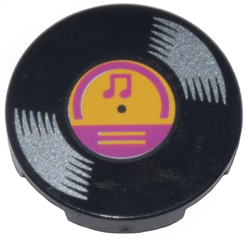Part 14769pb571 - Tile, Round 2 x 2 with Bottom Stud Holder with Vinyl Record with Bright Light Orange and Magenta Center and Musical Notes Pattern - De BrickPlaats