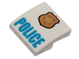 Part 15068pb046a - Slope, Curved 2 x 2 x 2/3 with Gold and Copper Badge with Star and Black Outline, Blue 'POLICE' Pattern - De BrickPlaats