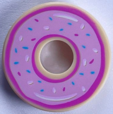 Part 15535pb07 - Tile, Round 2 x 2 with Hole with Donut / Doughnut with Bright Pink Donut Frosting and Sprinkles Pattern - De BrickPlaats