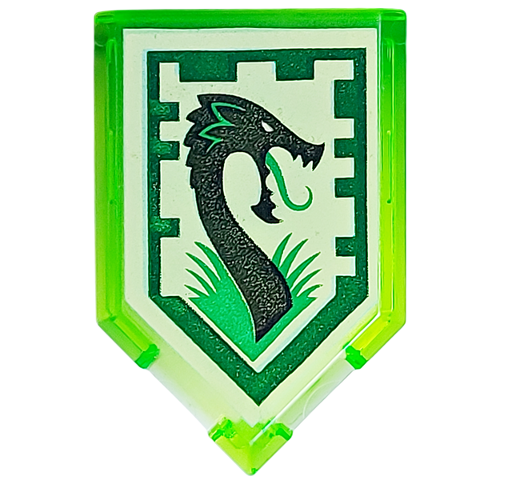 Part 22385pb012 - Tile, Modified 2 x 3 Pentagonal with Nexo Power Shield Pattern - Jungle Dragon - De BrickPlaats
