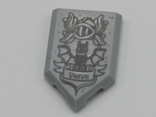 Part 22385pb191 - Tile, Modified 2 x 3 Pentagonal with Dark Bluish Gray 'VMVII' (6007) and Dark Bluish Gray Helmet Pattern - De BrickPlaats