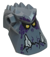 Part 24304pb02 - Minifigure, Head, Modified Alien with Spikes on Top and Holes on Sides with 2 White Jagged Teeth, Yellow Eyes and Dark Purple Spots Pattern (Grimroc) - De BrickPlaats