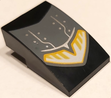 Part 24309pb041 - Slope, Curved 3 x 2 with Dark Bluish Gray Motorcycle Mudguard with Silver Lines and Dots and Yellow and White Headlight Pattern - De BrickPlaats