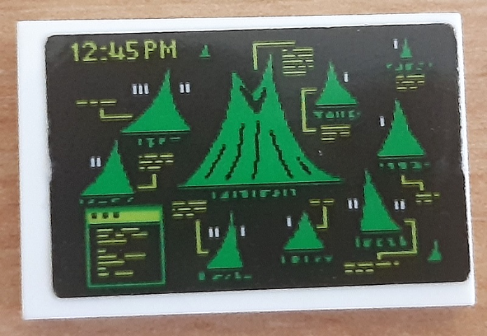 Part 26603pb276 - Tile 2 x 3 with Black Screen with Bright Green Volcanoes, Lime '12:45PM' and Lines Pattern (Sticker) - Set 70631 - De BrickPlaats