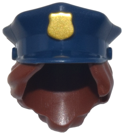 Part 28430pb02 - Minifigure, Hair Combo, Hat with Hair, Police with Dark Blue Top with Gold Badge and Reddish Brown Hair Pulled into Bun Pattern - De BrickPlaats