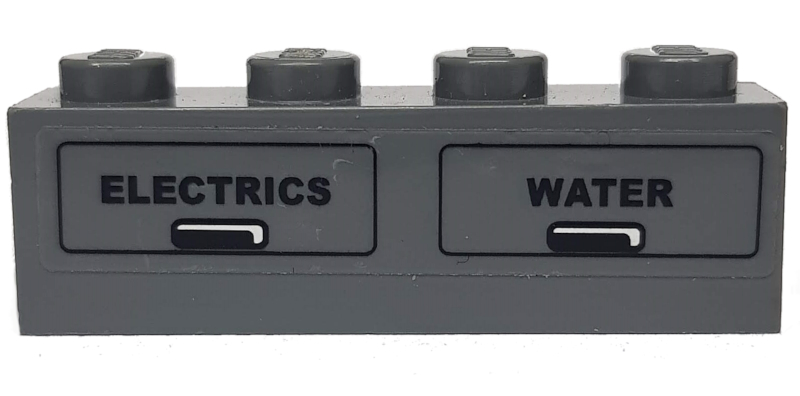 Part 3010pb052L - Brick 1 x 4 with Black 'ELECTRICS' and 'WATER' Pattern (Sticker) - Set 7938 - De BrickPlaats