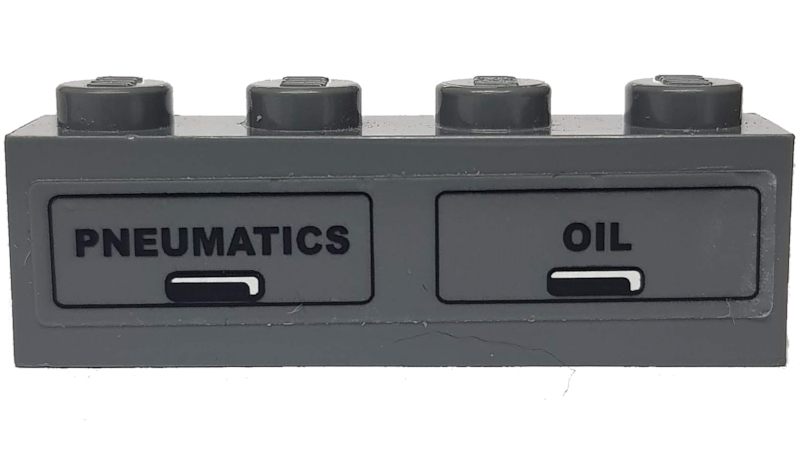 Part 3010pb052R - Brick 1 x 4 with Black 'PNEUMATICS' and 'OIL' Pattern (Sticker) - Set 7938 - De BrickPlaats