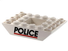 Part 30183px1 - Slope, Inverted 45 6 x 4 Double with Recessed Center with Black 'POLICE' and Red Line Pattern - De BrickPlaats
