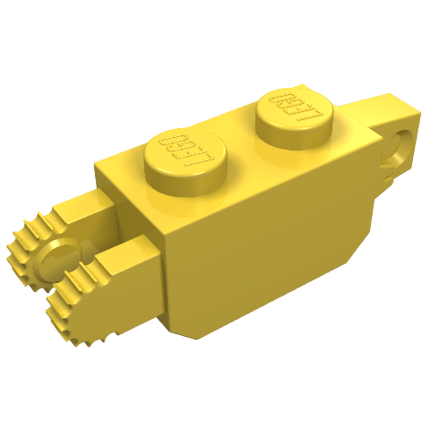 Part 30386 - Hinge Brick 1 x 2 Locking with 1 Finger Vertical End and 2 Fingers Vertical End, 9 Teeth - De BrickPlaats