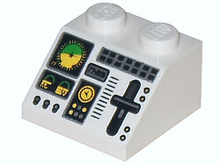Part 3039pb045 - Slope 45 2 x 2 with Aircraft Green and Yellow Horizon Indicator, Controls, Black Buttons, Silver Slider and Switches Pattern - De BrickPlaats