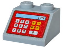Part 3039pb062 - Slope 45 2 x 2 with Red Cash Register and '+15' Pattern - De BrickPlaats