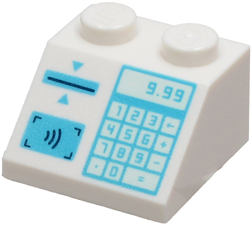 Part 3039pb139 - Slope 45 2 x 2 with Medium Azure Cash Register with '9.99', Keypad, Card Slot and Contactless Payment Pattern - De BrickPlaats