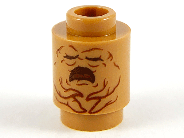 Part 3062pb065 - Brick, Round 1 x 1 with Reddish Brown Mandrake Face and Open Mouth Pattern - De BrickPlaats