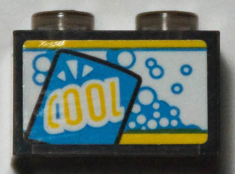 Part 3065pb21 - Brick 1 x 2 without Bottom Tube with Dark Azure Bubbles and Yellow 'COOL' Pattern (Sticker) - Set 70422 - De BrickPlaats
