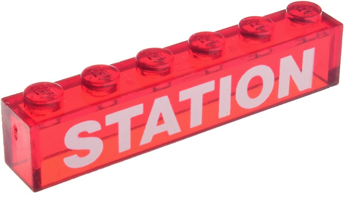 Part 3067pb08 - Brick 1 x 6 without Bottom Tubes with White 'STATION' Pattern - De BrickPlaats