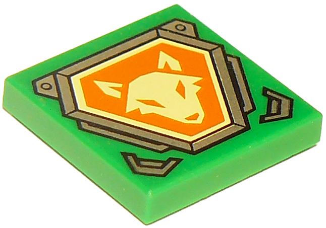 Part 3068pb1063 - Tile 2 x 2 with Bright Light Yellow Fox Head on Orange Hexagonal Shield with Silver Border Pattern - De BrickPlaats