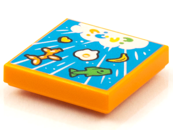 Part 3068pb1591 - Tile 2 x 2 with BeatBit Album Cover - Raining Fish, Banana, Balloon Animal and Egg Pattern - De BrickPlaats