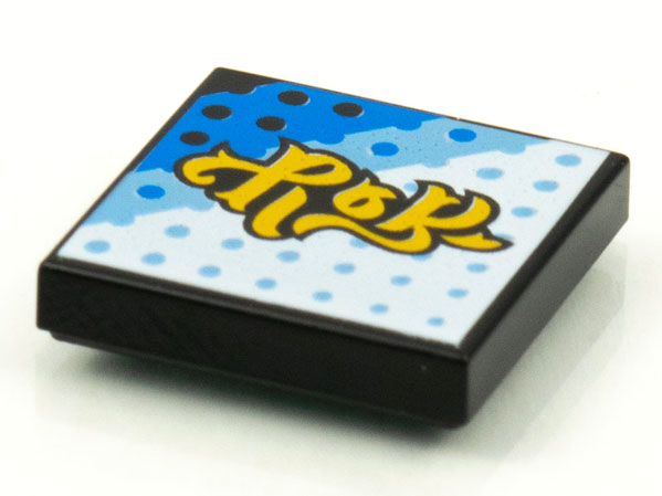 Part 3068pb1610 - Tile 2 x 2 with BeatBit Album Cover - Yellow Title on White, Bright Light Blue and Blue Background with Dot Grid Pattern - De BrickPlaats