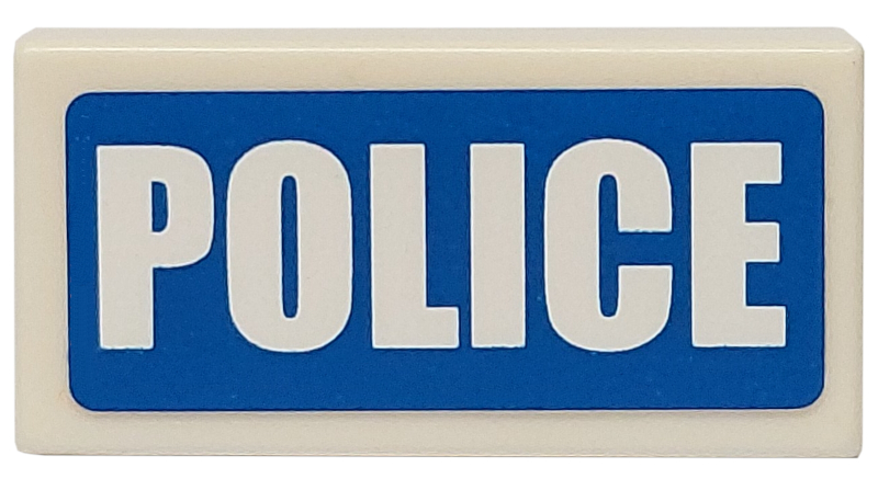 Part 3069pb0111 - Tile 1 x 2 with White 'POLICE' Thick Font on Blue Background Pattern (Sticker) - Sets 7235-2 / 7236-2 / 7744 / 60023 - De BrickPlaats