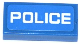 Part 3069pb0296 - Tile 1 x 2 with White 'POLICE' Thin Font on Blue Background Pattern (Sticker) - Sets 60041 / 60047 - De BrickPlaats
