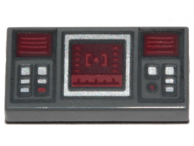 Part 3069pb0777 - Tile 1 x 2 with SW Dark Red Target Screen, Dark Red and Silver Buttons Pattern - De BrickPlaats