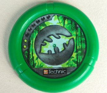 Part 32171pb037 - Throwing Disk with Throwbot Amazon / Slizer Jungle 2 Pips, LEGO Technic Logo, and Leaf Emblem Pattern - De BrickPlaats