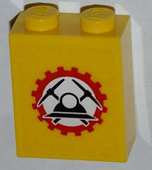 Part 3245cpb014 - Brick 1 x 2 x 2 with Inside Stud Holder with Miners Logo (Helmet with Crossed Pickaxes in Gear) on Transparent Background Pattern (Sticker) - Set 4203 - De BrickPlaats