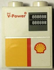 Part 3245cpb031 - Brick 1 x 2 x 2 with Inside Stud Holder with Shell Logo and 'Shell V-Power' Pattern (Sticker) - Set 40195 - De BrickPlaats