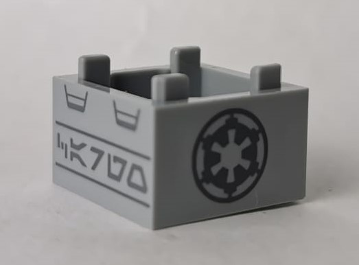 Part 35700pb05 - Container, Box 2 x 2 x 1 - Top Opening with Flat Inner Bottom with Dark Bluish Gray SW Imperial Logo and Aurebesh Characters 'CARGO' Pattern - De BrickPlaats