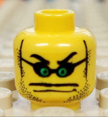 Part 3626pb0048 - Minifigure, Head Mask Small with Green Eyes, Stubble, Thin Wide Moustache over Mouth Line Pattern - De BrickPlaats