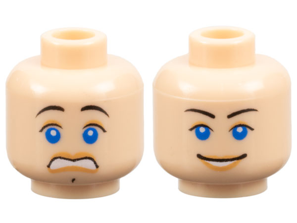 Part 3626pb0284 - Minifigure, Head Dual Sided Female Black Thin Eyebrows, Blue Eyes, Nougat Lips and Eye Shadow, Scared / Open Mouth Smile with Teeth Pattern - De BrickPlaats