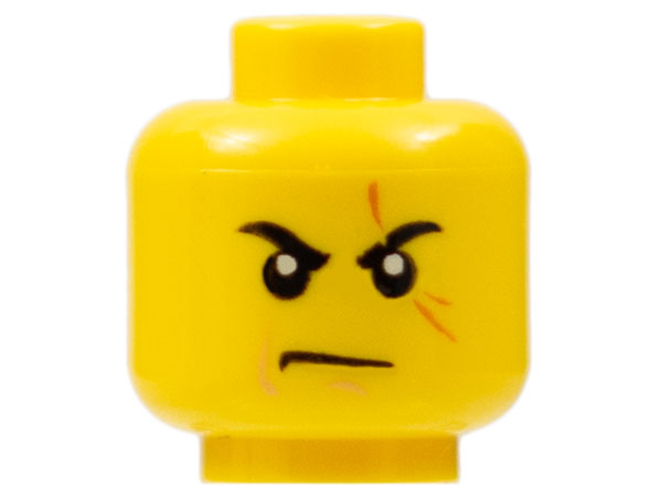 Part 3626pb0526 - Minifigure, Head Black Eyebrows, Dark Orange Scar Across Left Eye, Nougat Cheek Line and Chin Dimple, Scowl Pattern - De BrickPlaats