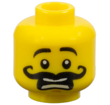 Part 3626pb1056 - Minifigure, Head Black Eyebrows Raised, Curly Long Moustache, Medium Nougat Chin Dimple, Scared Open Mouth with Teeth Parted Pattern - De BrickPlaats