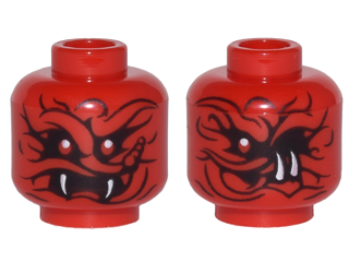 Part 3626pb1754 - Minifigure, Head Dual Sided Alien Snake with Black Wavy Lines, 2 Red Eyes and 2 White Fangs / 1 Red Eye and 2 White Fangs on Side Pattern - De BrickPlaats