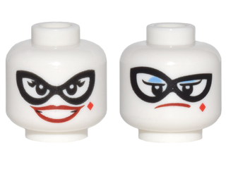 Part 3626pb1772 - Minifigure, Head Dual Sided Female Black Eye Mask, Dark Red Lips, Diamond on Cheek, Wide Smile / Blue Eye Shadow, Frown Pattern - De BrickPlaats