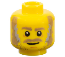 Part 3626pb1911 - Minifigure, Head Dark Tan Eyebrows, Moustache, Dark Tan and Gray Sideburns, Stubble and White Pupils Pattern - De BrickPlaats