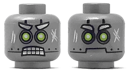 Part 3626pb2035 - Minifigure, Head Dual Sided Alien Robot with Silver Eyebrows, Lime Eyes, Scuff Marks, Angry Bared Teeth / Neutral Pattern - De BrickPlaats
