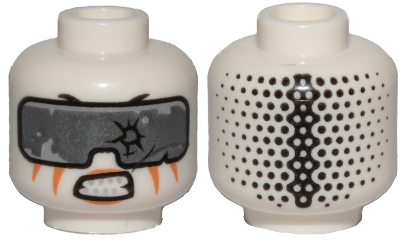 Part 3626pb2222 - Minifigure, Head Alien Ninjago with Silver Goggles, Orange Stripes, Gritted Teeth Pattern - Hollow Stud - De BrickPlaats